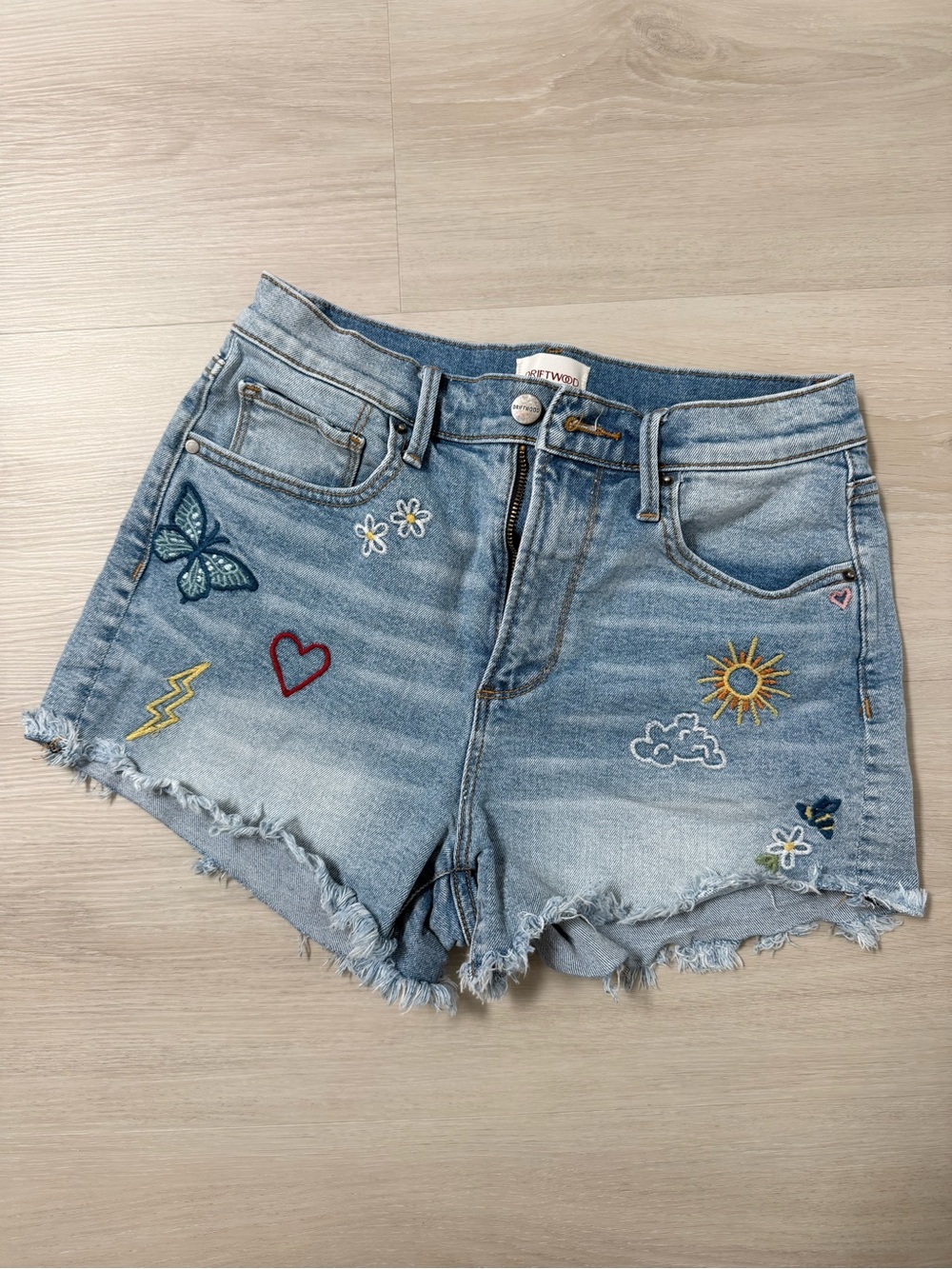 Driftwood Goldie Embroidered Light Wash Denim Shorts - Blue - 26